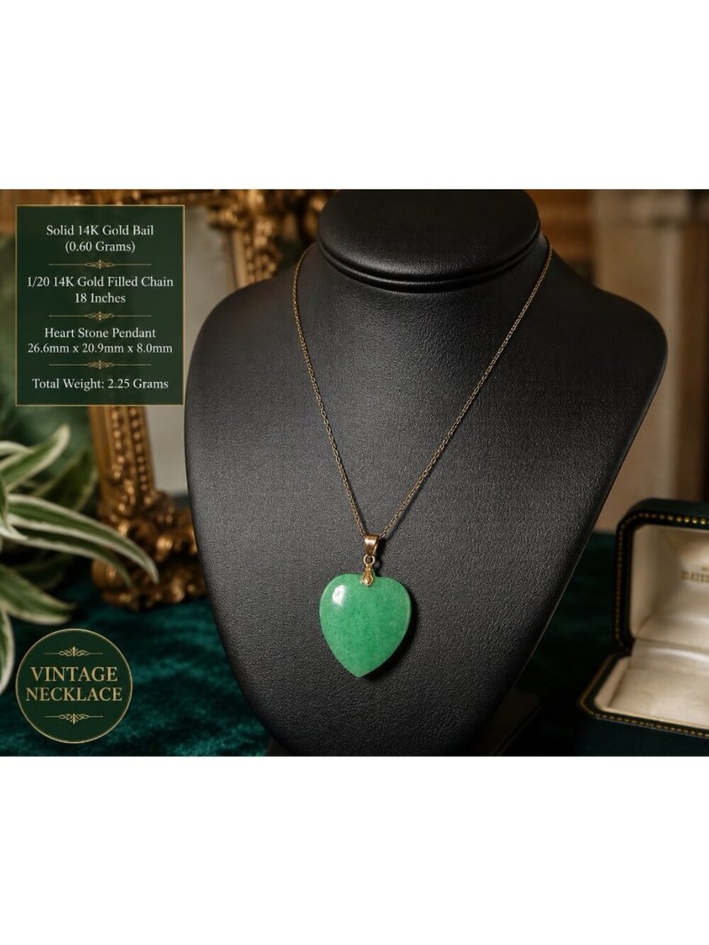 14K Gold Bail Green Heart Stone Pendant 1/20 14K GF 18” Necklace Vintage